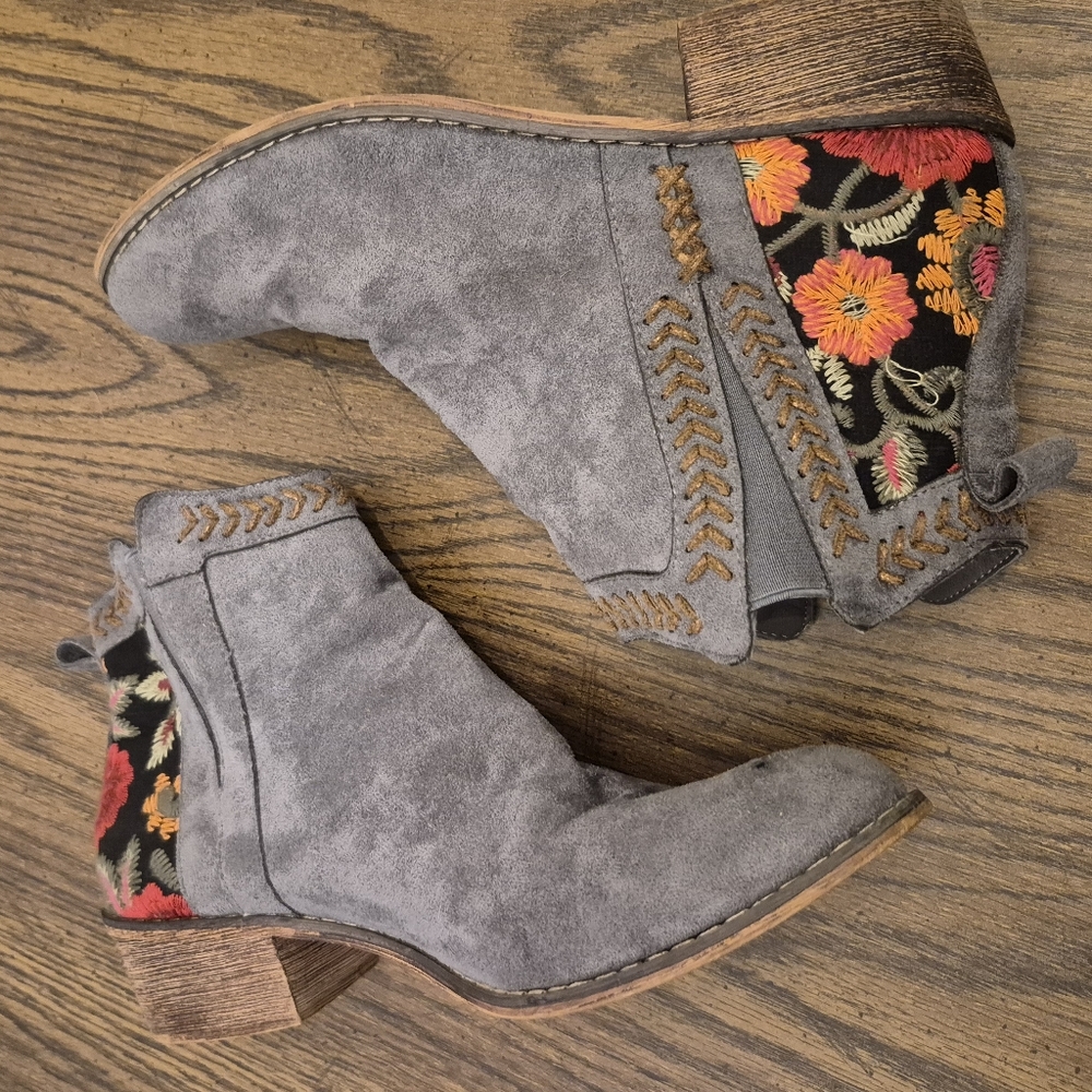 Gray Suede Ankle Booties with Floral Embroidery